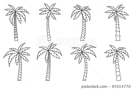 Palm tree black line set coloring book page