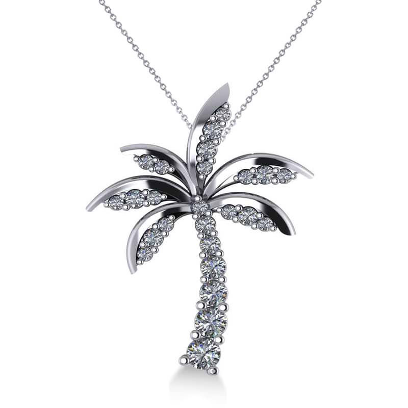 Diamond tropical palm tree pendant necklace k white gold ct