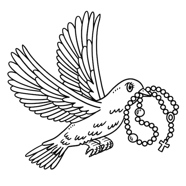 Premium vector christian dove with rosary isolated coloring page