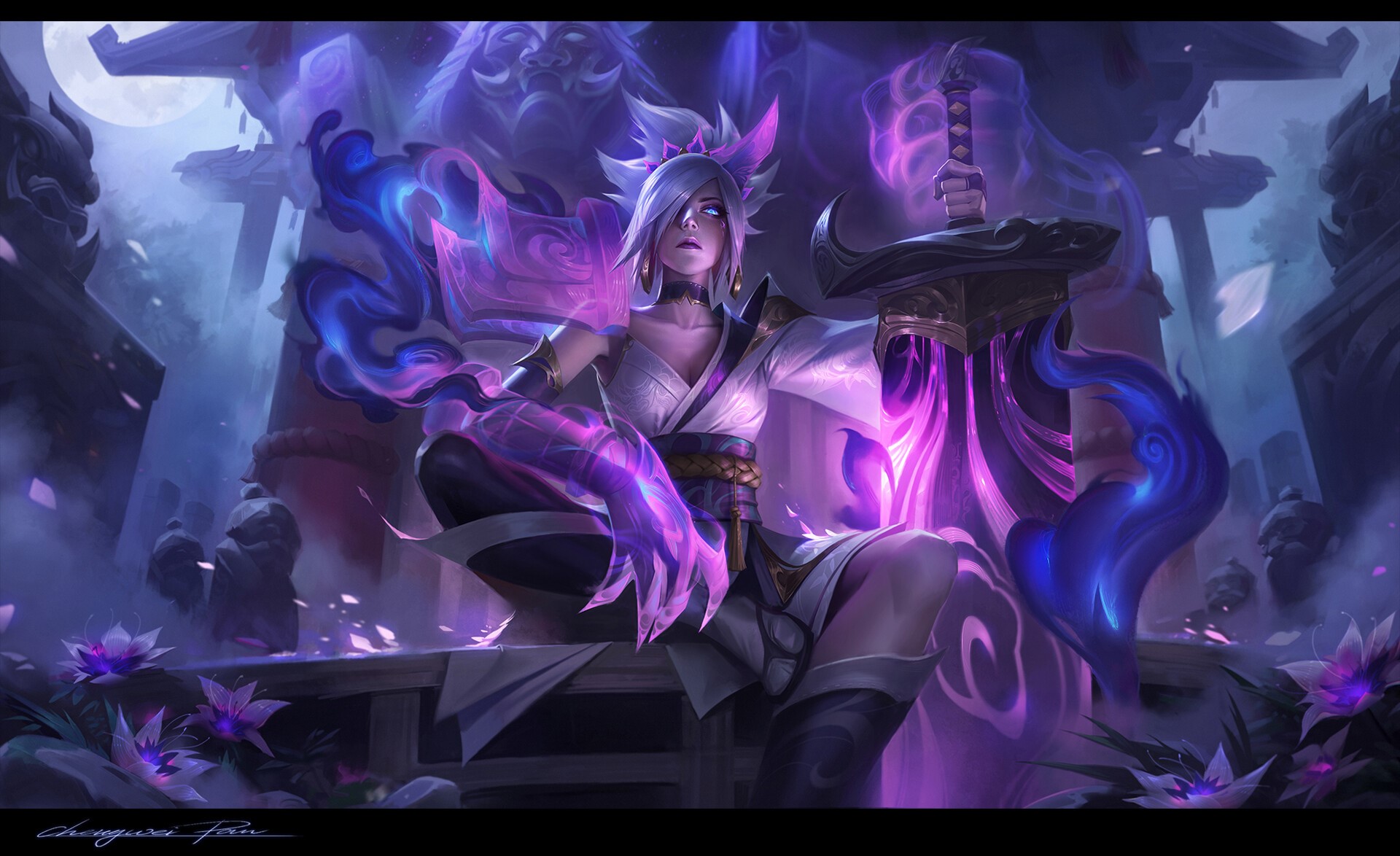 Glowing warrior riven league of legends claws weapon sword spirit blossom women chengwei pan purple drawing riven league of legends