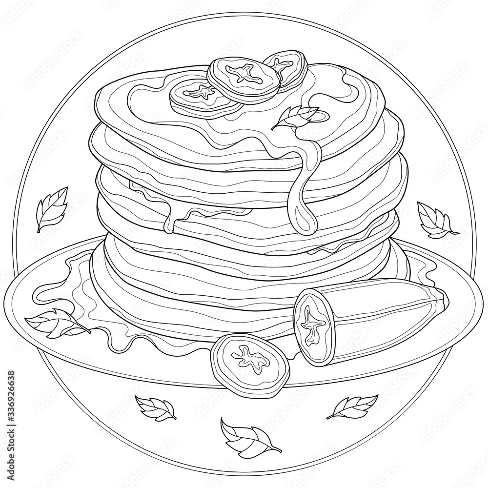 Delicious pancakes with banana mint and honeycoloring book antistress for children and adults illustration isolated on white backgroundzen