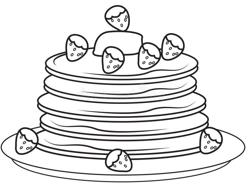 Pancakes with strawberries coloring page stock illustration