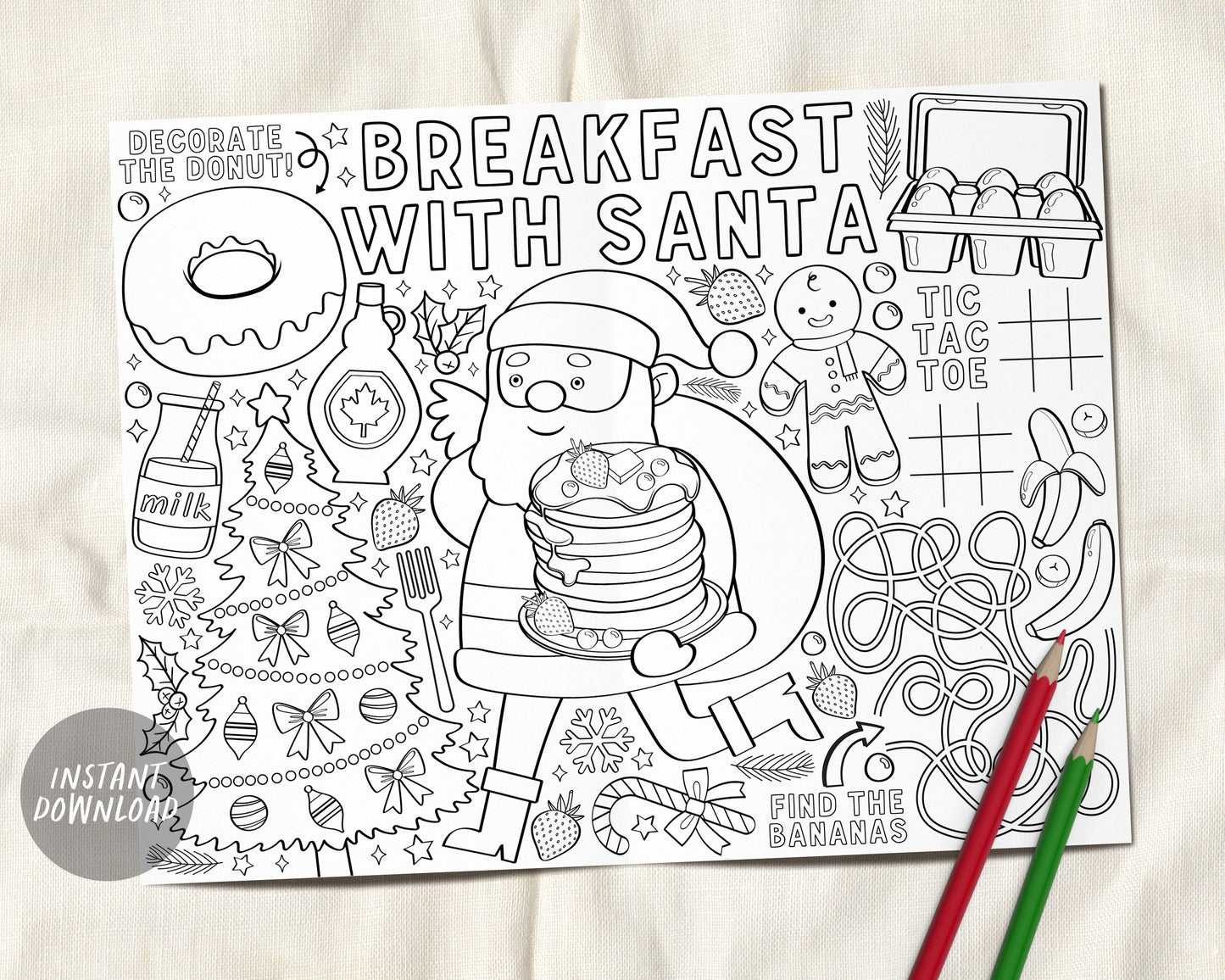 Breakfast with santa coloring page placemat for kids donuts pancakes â puff paper co