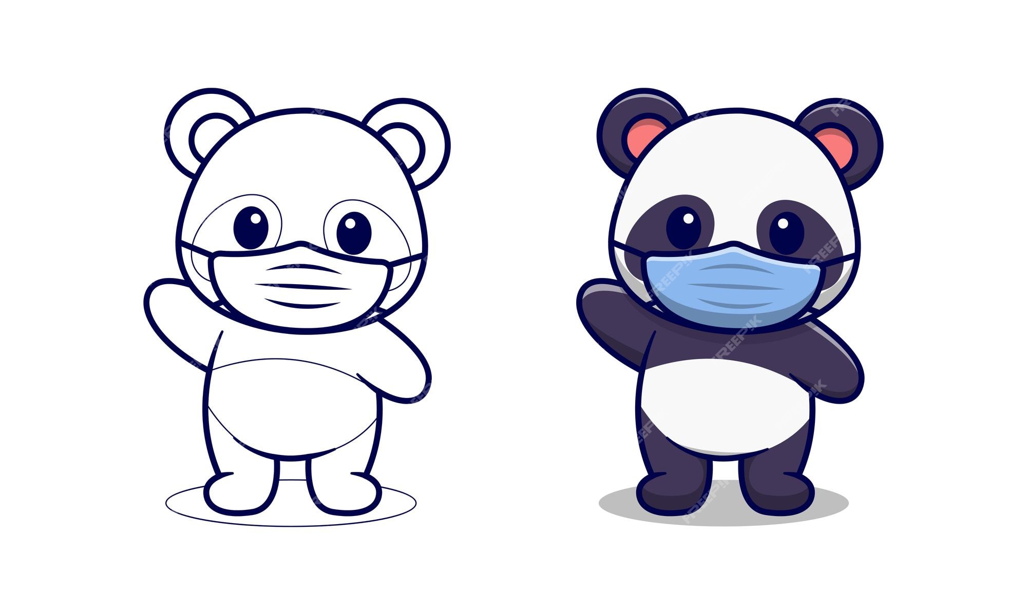 Premium vector cute panda wearing mask cartoon coloring pages for kids