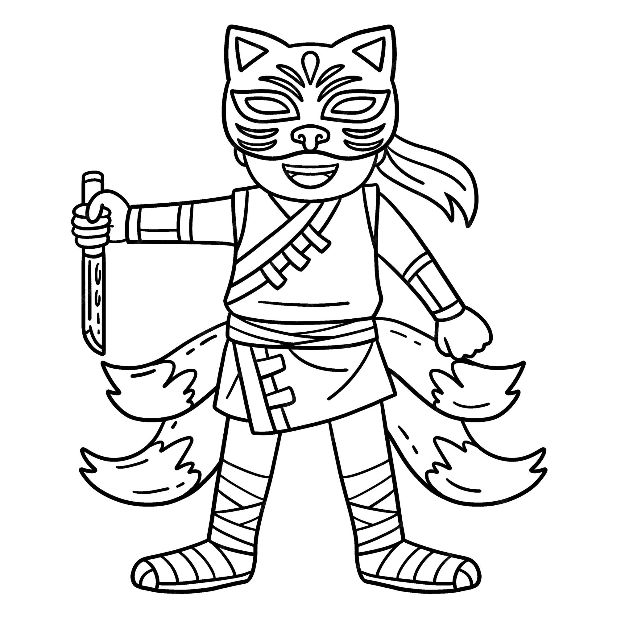 Premium vector a cute and funny coloring page of a ninja with a kitsune mask and tail provides hours of coloring fun for children color this page is very easy suitable