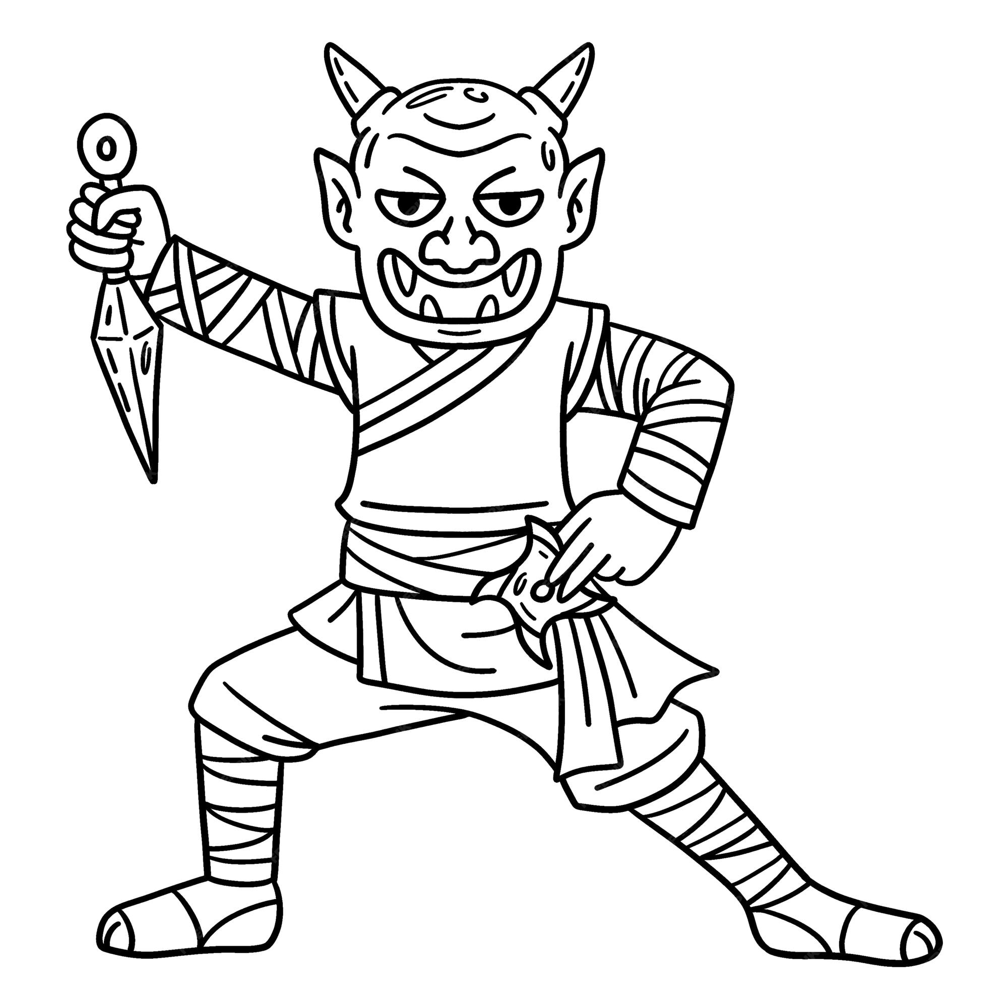 Premium vector a cute and funny coloring page of a ninja wearing oni mask provides hours of coloring fun for children color this page is very easy suitable for little kids