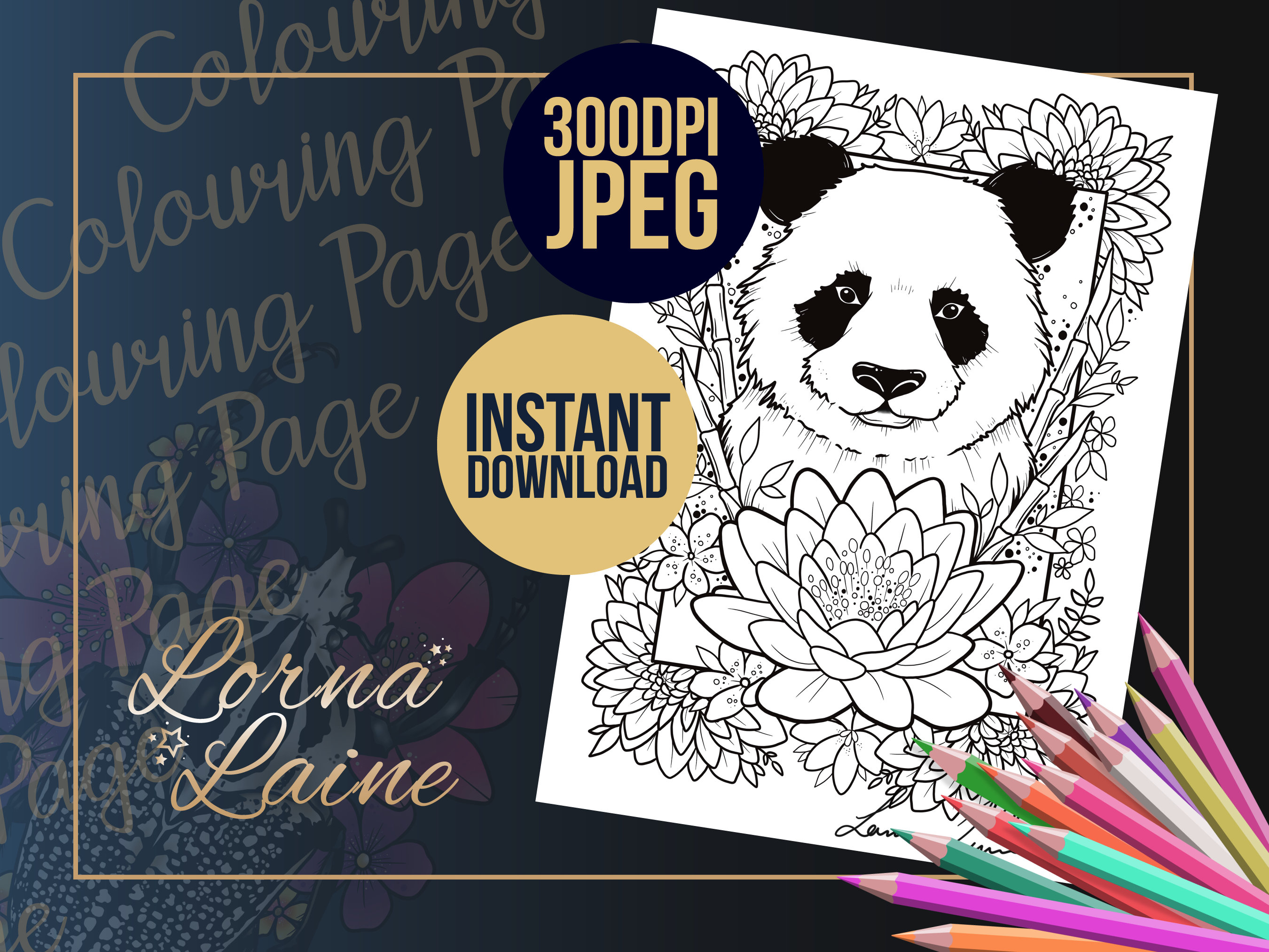 Panda colouring page digital download tattoo design adult colouring animal art mindfulness art therapy instant download