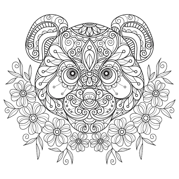 Premium vector panda and flowers hand drawn for adult coloring book