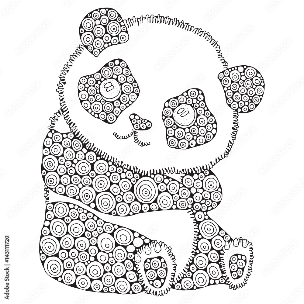 Cute panda adult antistress coloring book page black and white zentangle style hand drawn doodle zentangle design elements