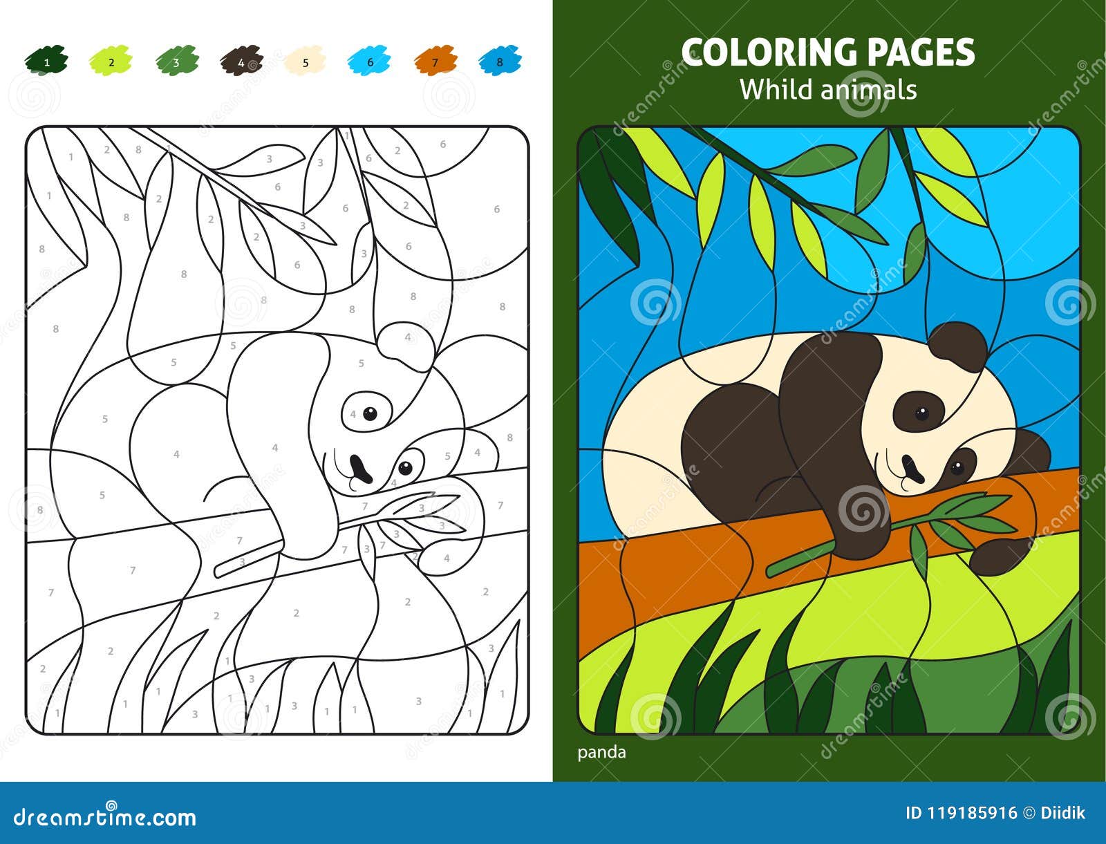 Wild animals coloring page for kids panda bear stock vector