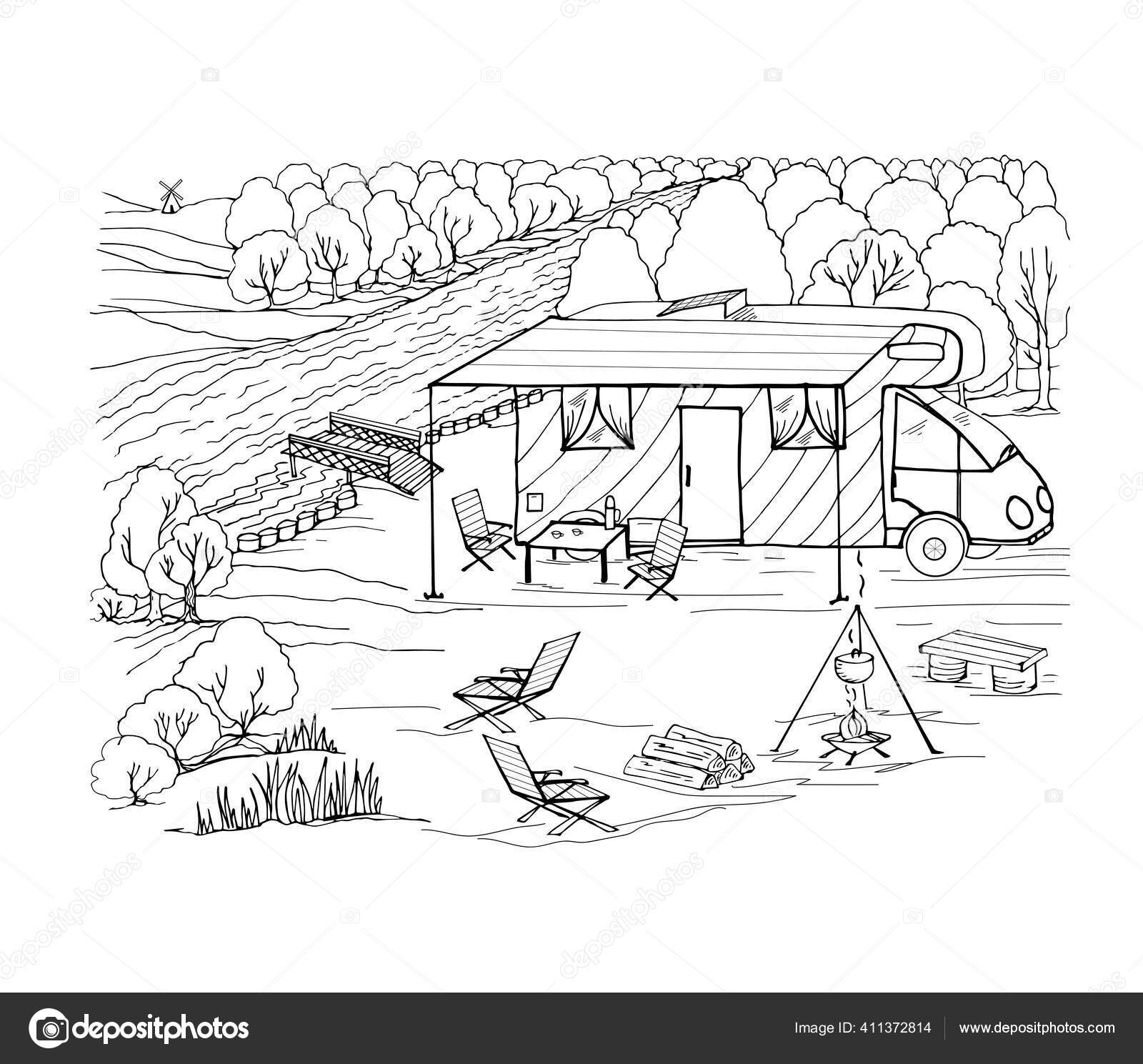 Libro para colorear camping con una autocaravana panel solar fogata cocina de verano bosque leãa vector de stock por mariabelyakova