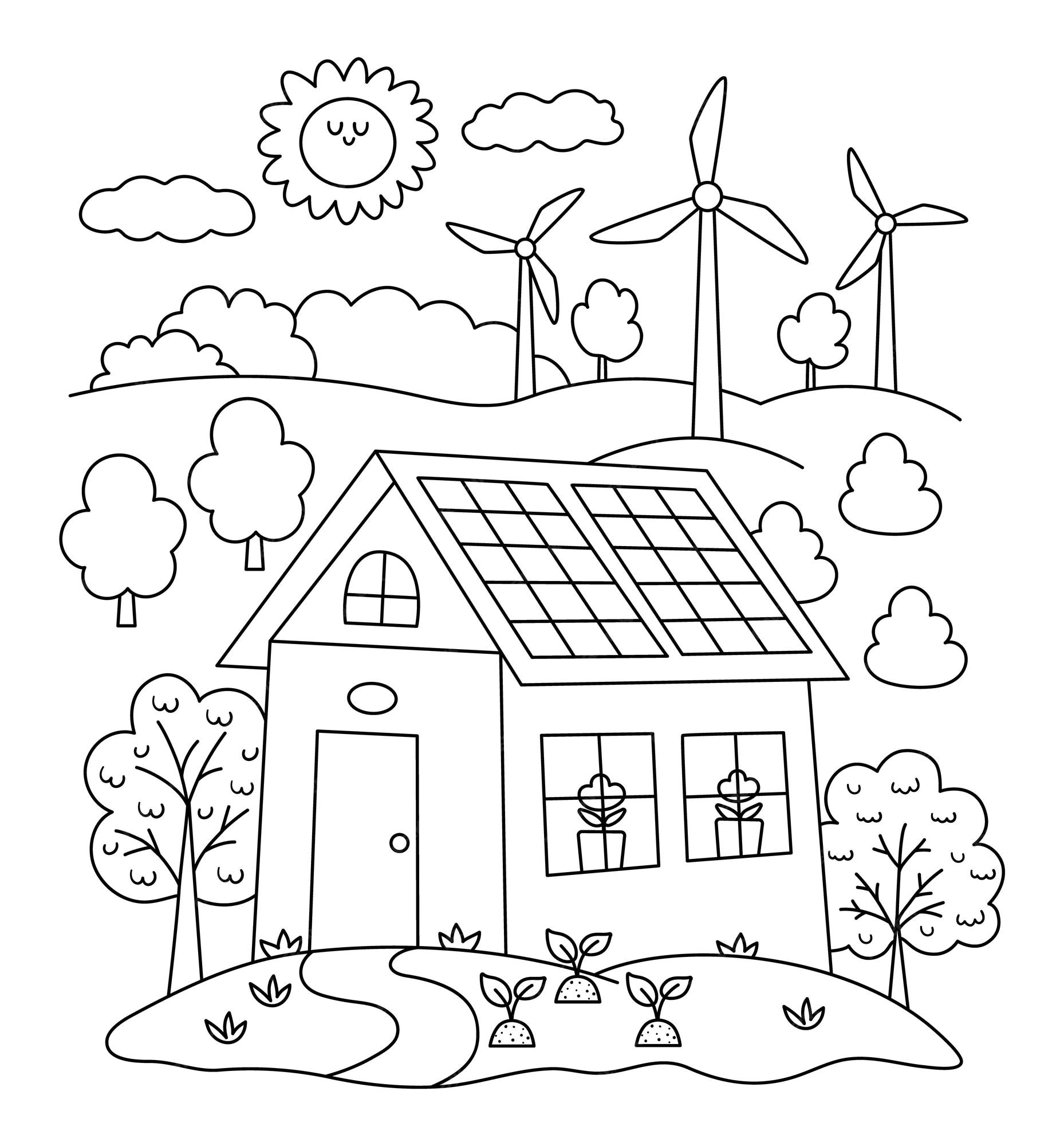 Cena vectorial en blanco y negro con turbinas de viento de casa ecolãgica panel solar concepto de lãnea de hogar amigable con el medio ambiente con ãrbol ilustraciãn de paãs ecolãgico lindo