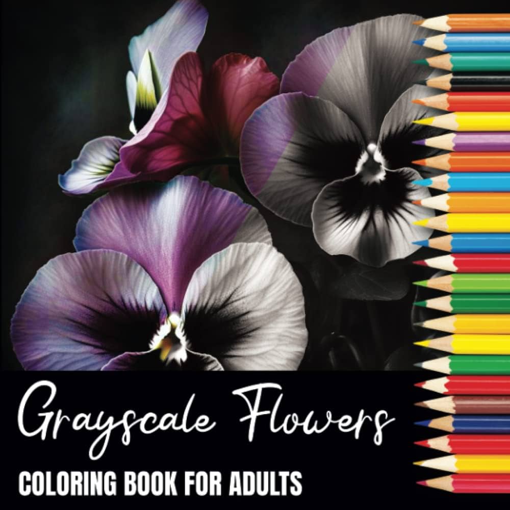 Grayscale flowers coloring book for adults pansies