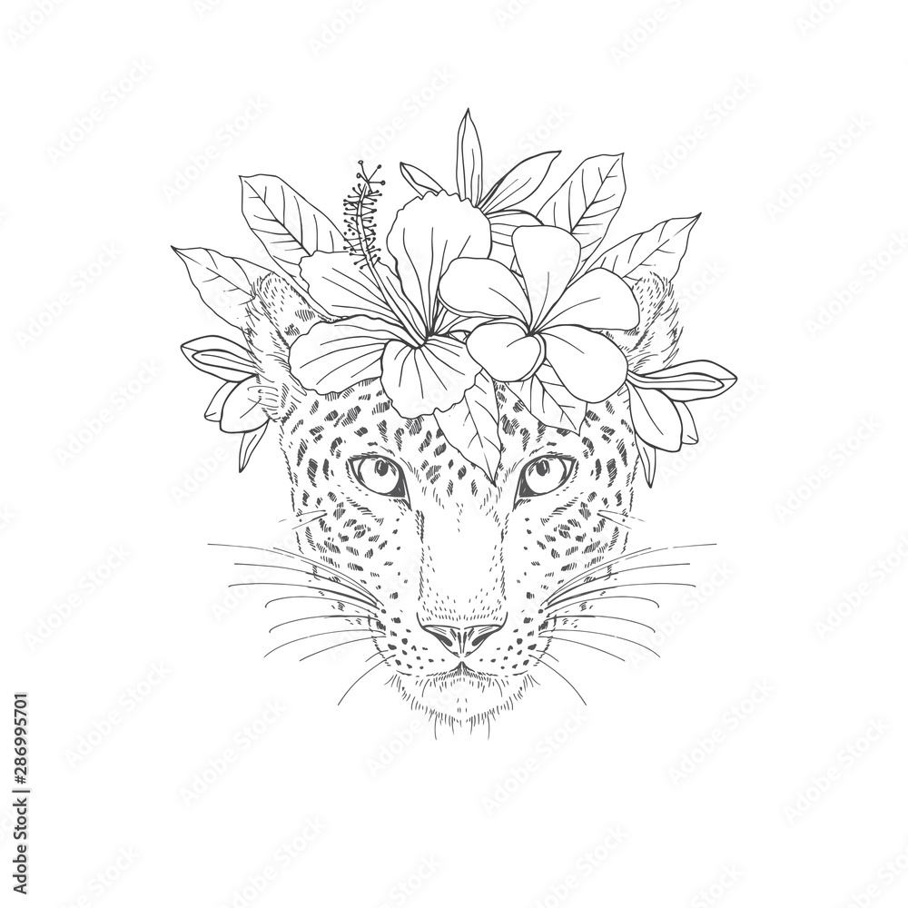 Cheetah with floral wreath hand drawn sketch wild feline animal face with exotic flowers on head black ink illustration spotted panther portrait engraving coloring book postcard design element vector