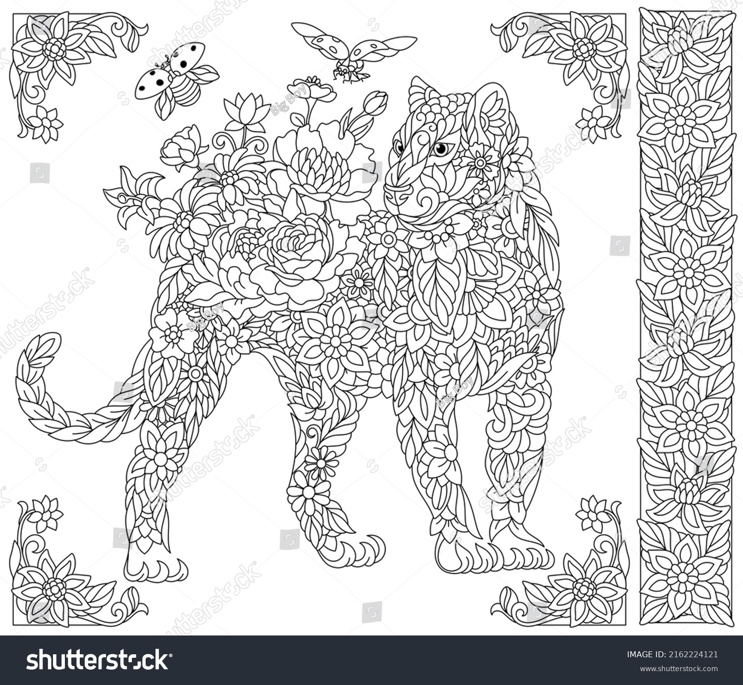 Adult coloring book page floral panther stock vector royalty free