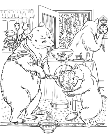 The mama bear poures the porridge into porridge pots coloring page free printable coloring pages