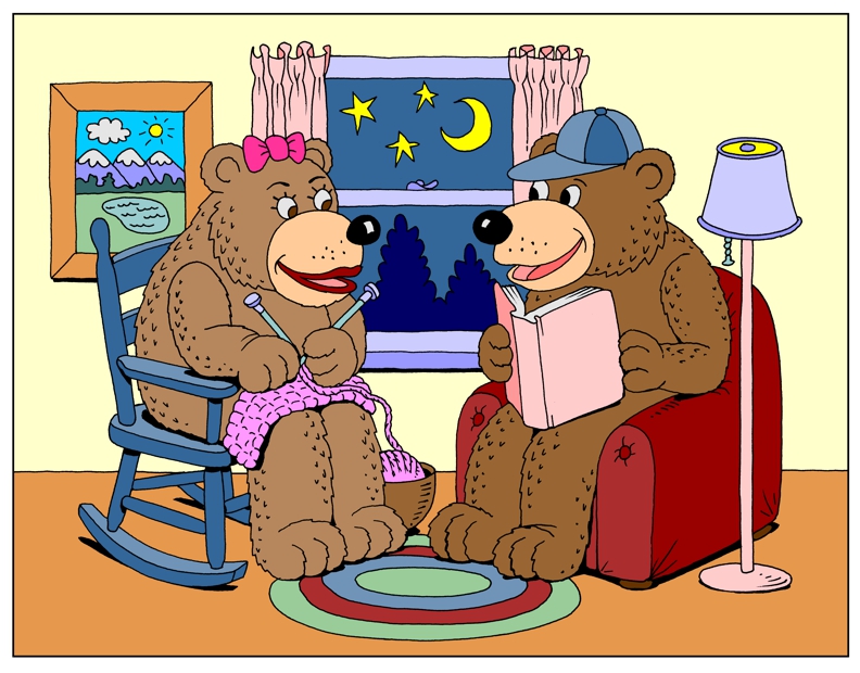 Cartoon bears color illustration mama and papa bear relaxing in living room childrens cartoon illustration by john pritchett