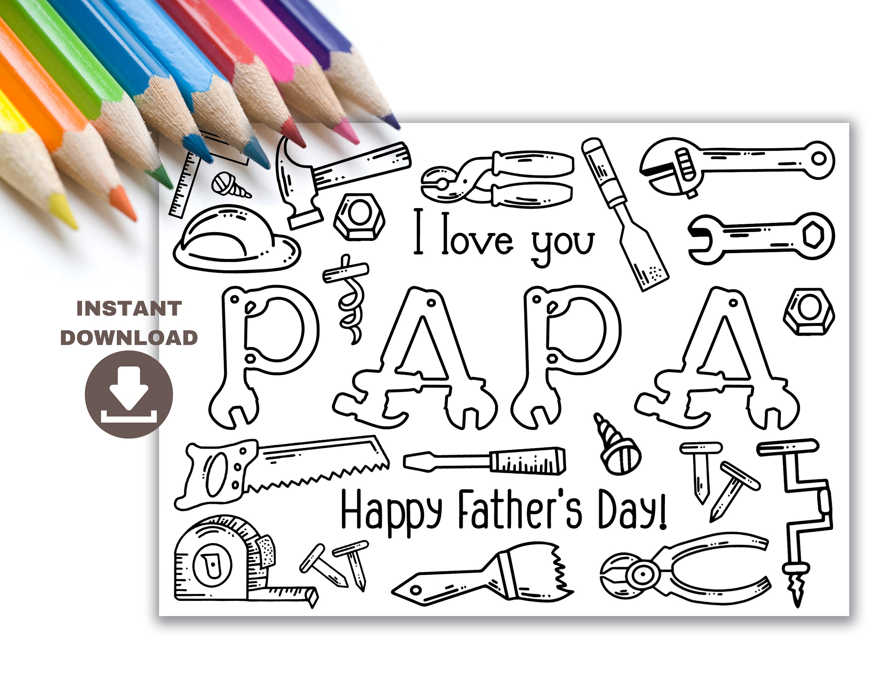 Papa fathers day coloring card for kids instant download printable fathers day gift from kids coloring page with hand tools for grandpa