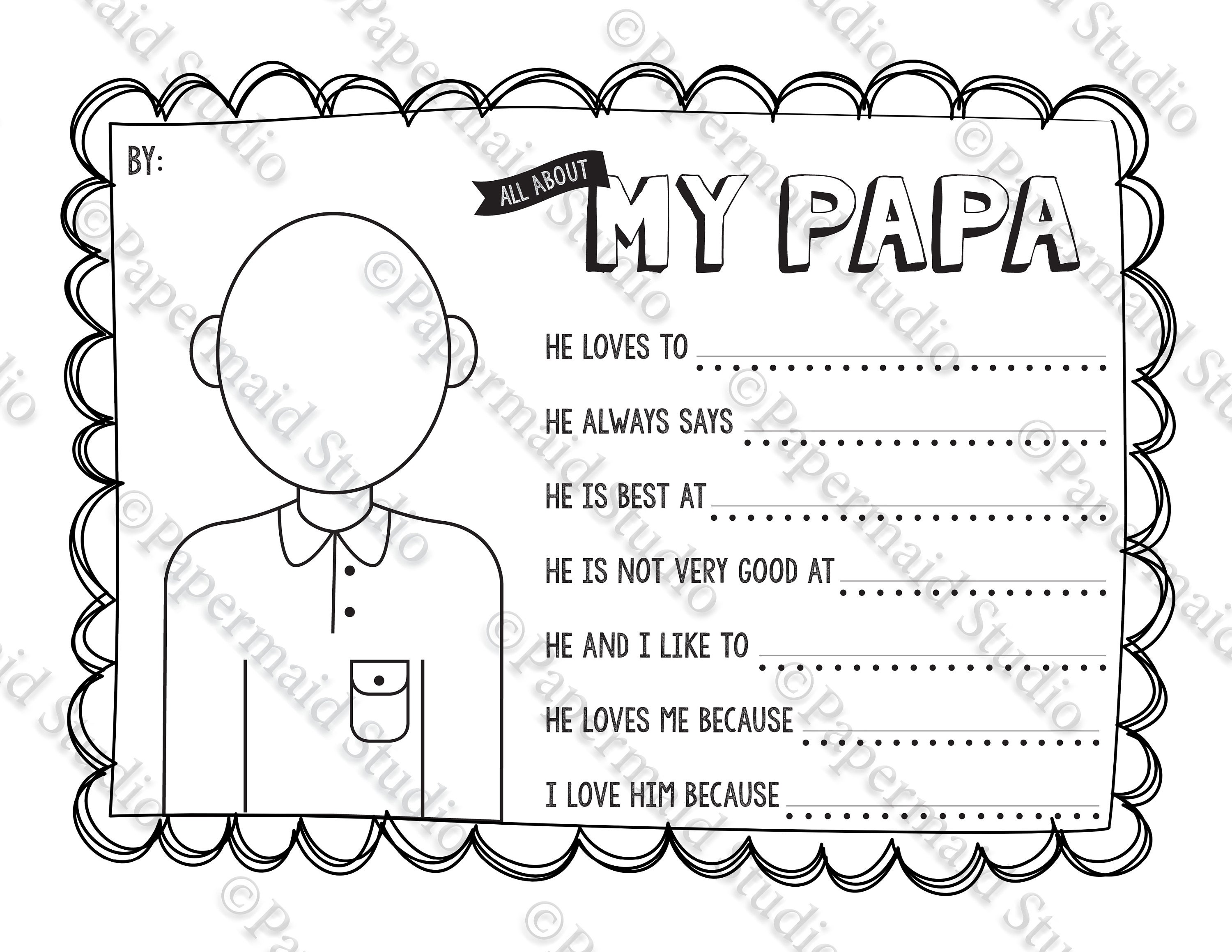 Printable papa portrait coloring sheet and questionnaire gift card all about my papa