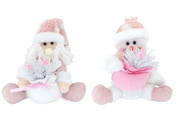 Jogo papai noel e boneco de neve pelãºcia rosa sentado saco presente cm