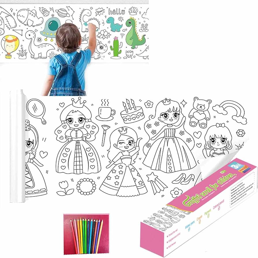 Childrens drawing paper roll coloring paper roll for kids drawing paper roll diy painting drawing paper paste repeatedly color filling paper not dirty wall with colored pencils cute princess home