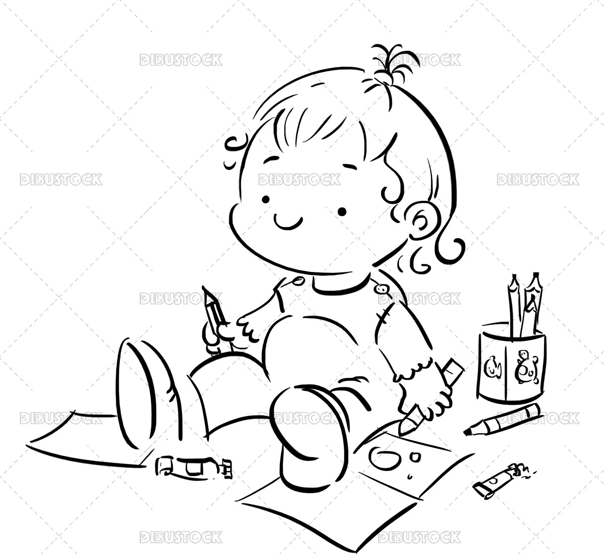 Coloring page of a happy baby painting on a paper