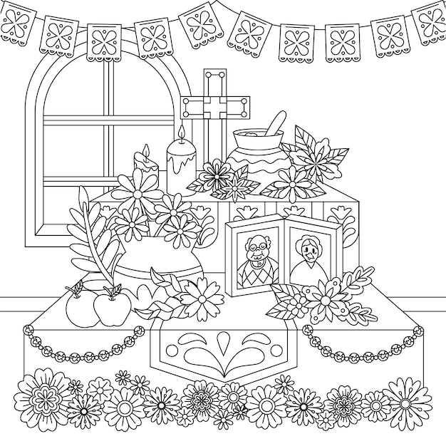 Free vector hand drawn dia de muertos papel picado coloring page illustration