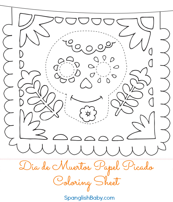 Free dãa de muertos papel picado coloring sheet printable