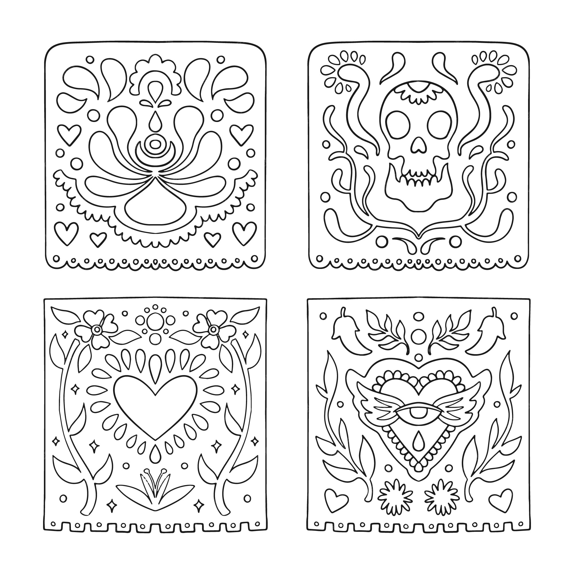 Free vector hand drawn dia de muertos papel picado coloring page illustration