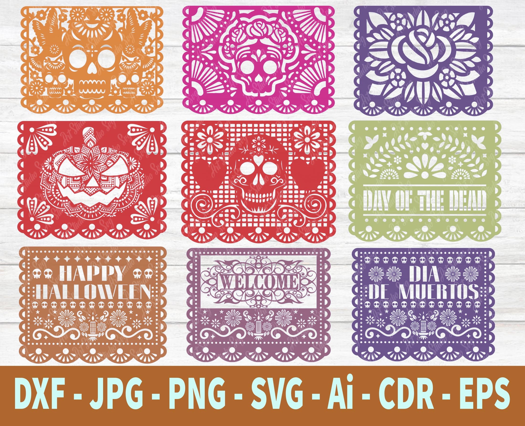 Papel picado clipart laser cut files dia de muertos day of dead mexican banner party bunting papel picado svg dxf files