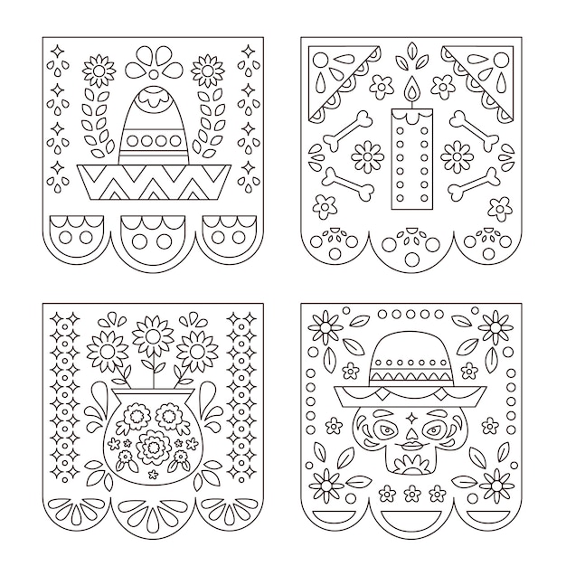 Free vector hand drawn dia de muertos papel picado coloring page illustration