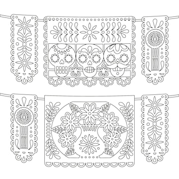 Free vector hand drawn dia de muertos papel picado coloring page illustration