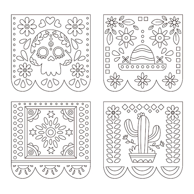 Free vector hand drawn dia de muertos papel picado coloring page illustration