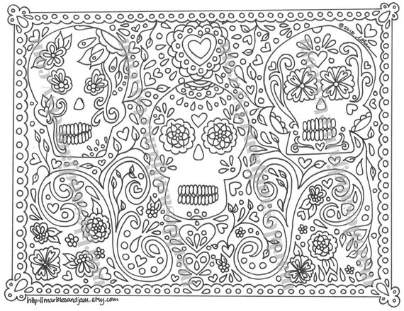 Day of the dead sugar skulls printable adult coloring page dia de los muertos instant download