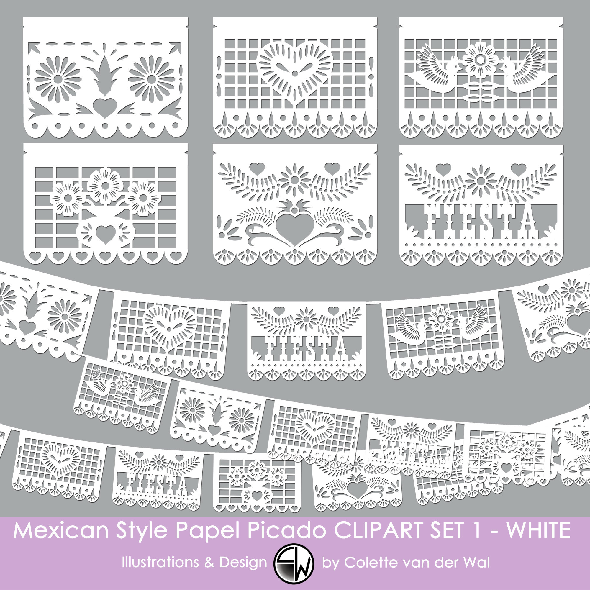 Papel picado white mexican style papel picado bunting banner clip art set direct download fiesta bunting fiesta invitation card