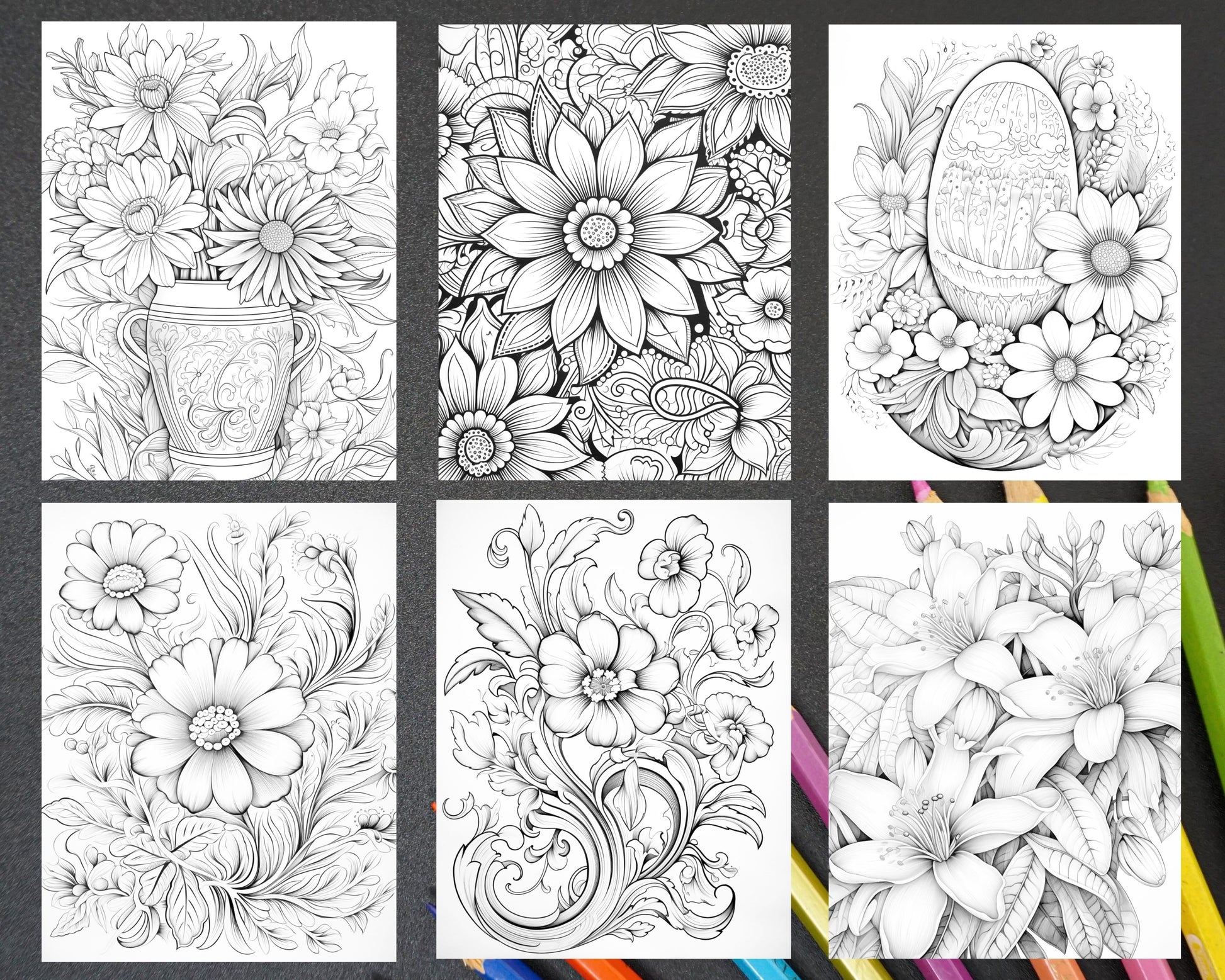 Folk art florals grayscale adult coloring pages printable pdf inst â coloring