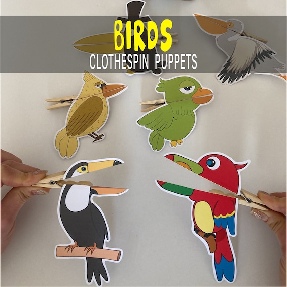 Bird clothespin puppet printable paper toy paper craft game for kids paper doll hand puppet digital download coloring pages gift diy