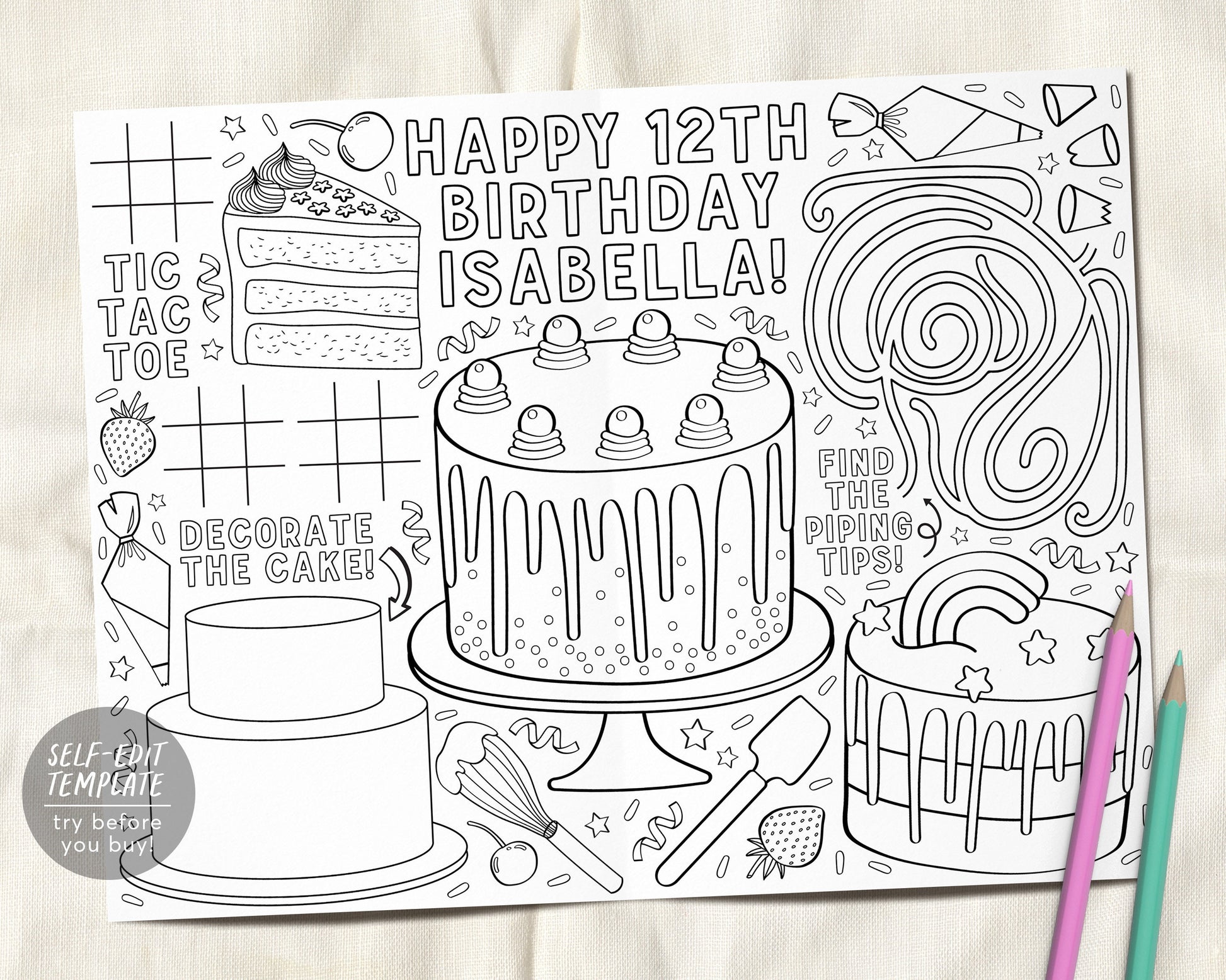 Cake decorating birthday party coloring placemat for kids tween teens â puff paper co