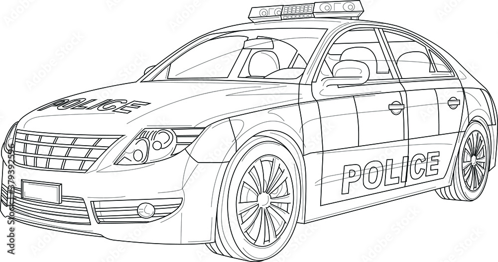 Police car realistic sketch template cartoon vector illustration in black and white for games background pattern decor print for fabrics and other surfaces coloring paper page story book vector