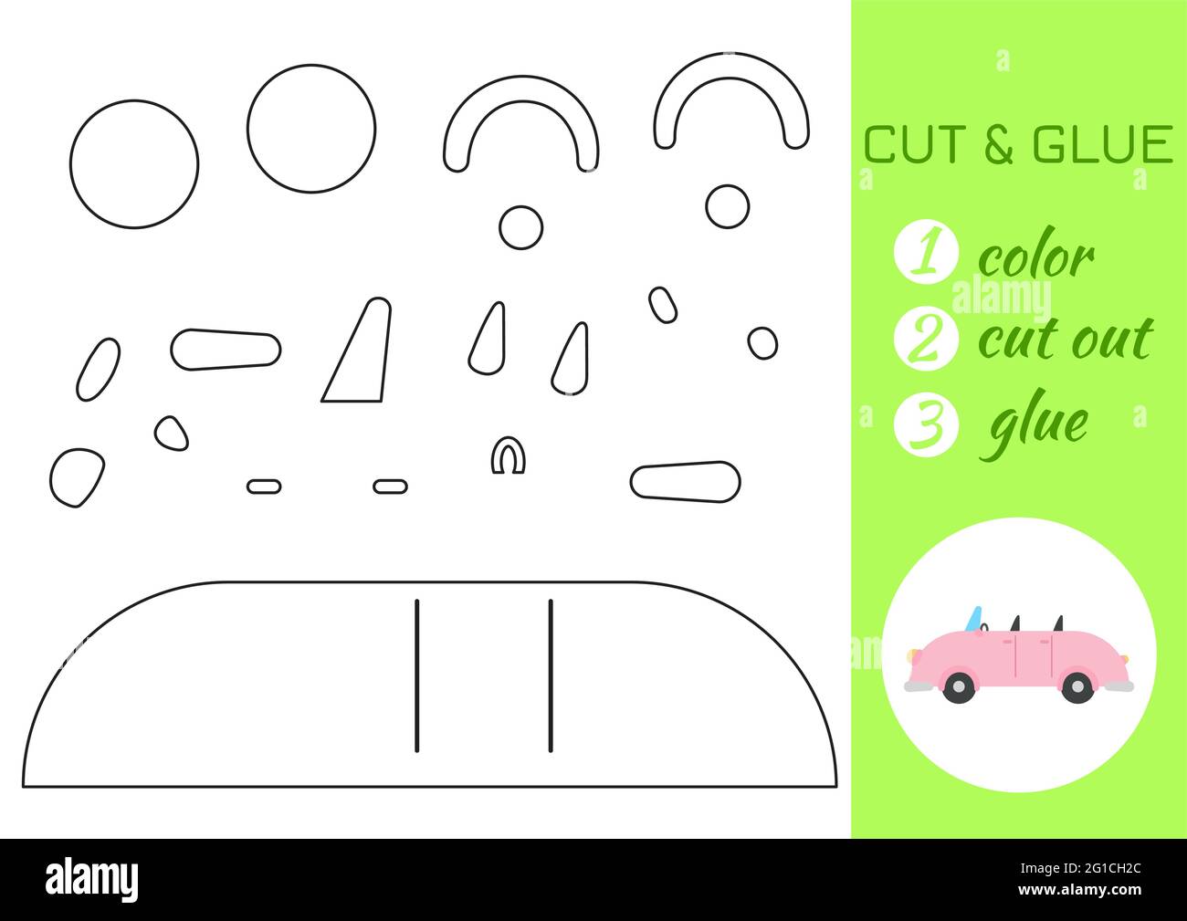 Color cut and glue paper pink car cut and paste craft activity page educational game for preschool children diy worksheet kids logic game activi stock vector image art