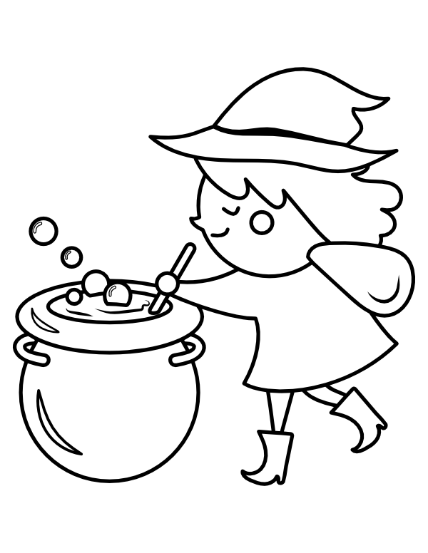 Printable cute witch stirring cauldron coloring page