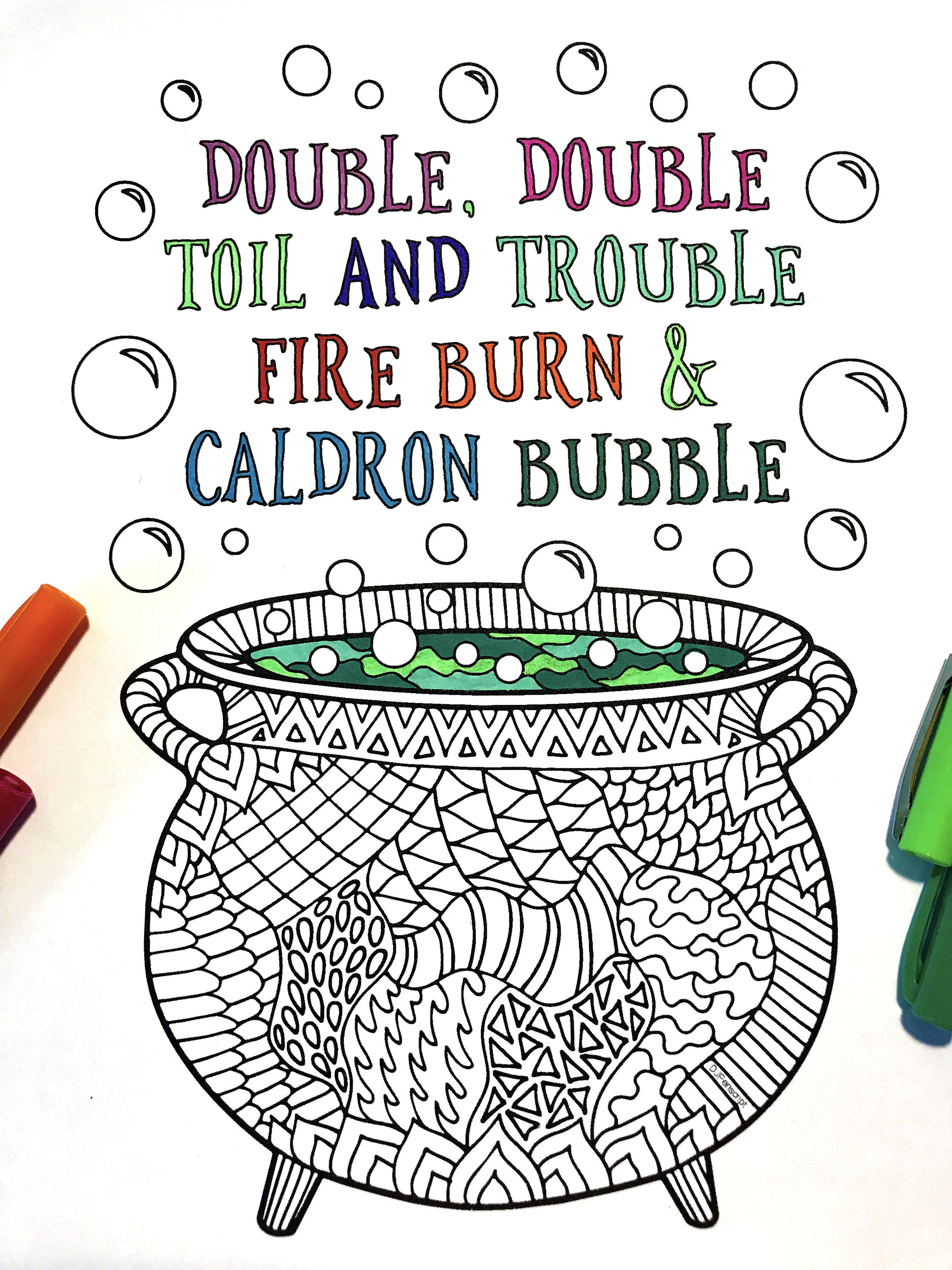 Cauldron â âdouble double toil and trouble fire burn and cauldron bubbleâ â pdf zentangle coloring page â scribble stitch