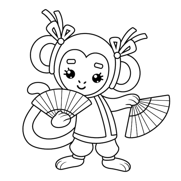 Premium vector coloring book for children chinese new year character monkey and fans