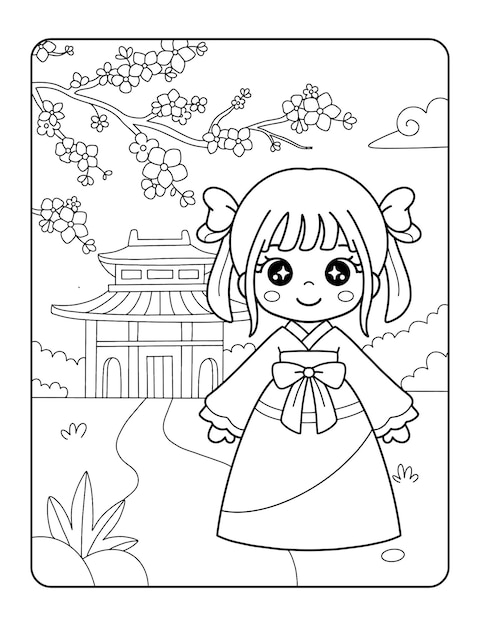 Premium vector cute chinese girl coloring page