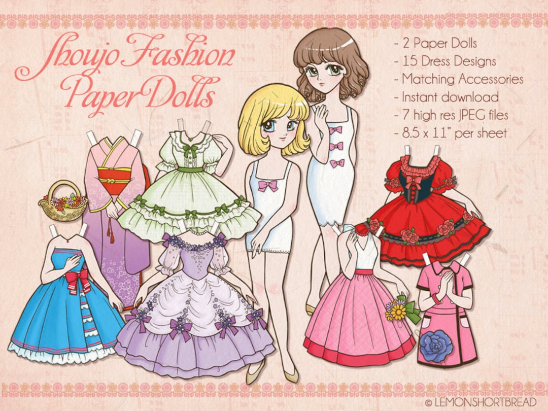 Printable paper dolls fashion digital download childrens crafts toys diy retro anime japanese shoujo stye download now