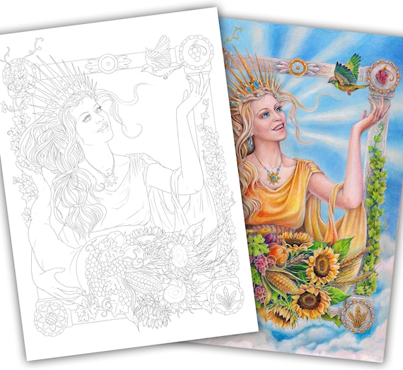 Adult coloring page of portrait of girl with cornucopia and a bird pdf printable digital download