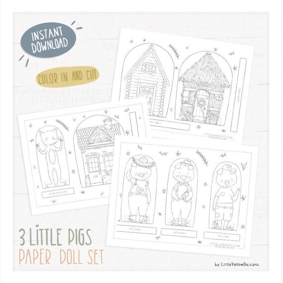 Printable coloring pages little pigs coloring sheets fairy tale paper dolls crafts for kids instant download pdf