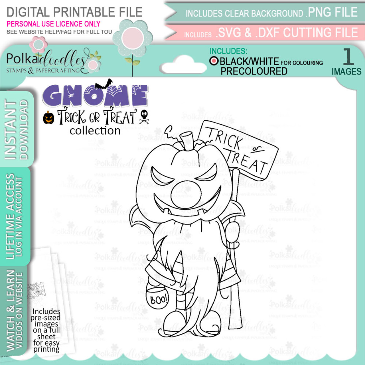 Pumpkin head halloween gnome digital stamp