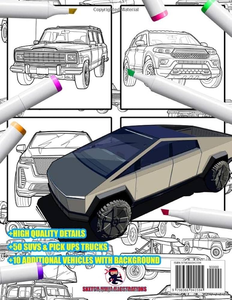 Off road suvs pick up trucks coloring art book with vehicles relaxation coloring pages for adults kids boys girls car lovers fantastic details sketch ninja books