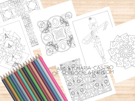 Adult coloring page geometric fun coloring pages sampler abstract coloring coloring pages art by maria castro of scribo creative